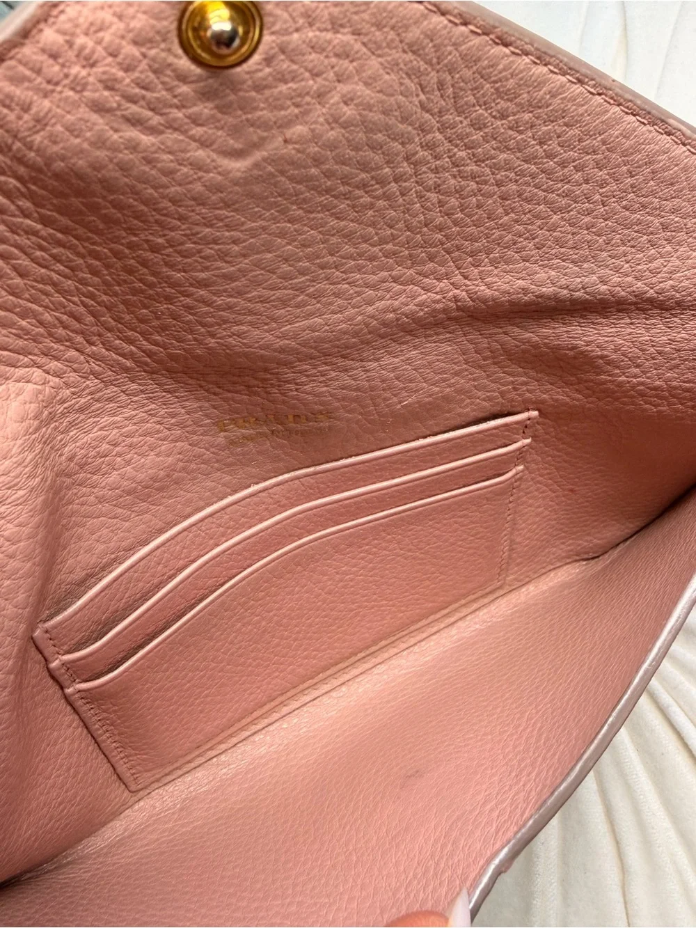 Prada Rose Pink Pebbled Leather Envelope Clutch with Gold Logo